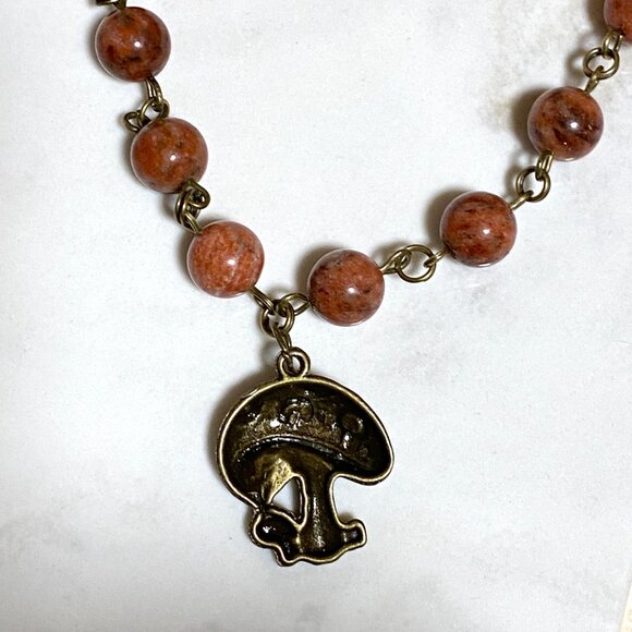 Genuine Red Jasper Short Necklace, Cute Bronze Round Mushroom + Natural Gemstone - Picture 5 of 14